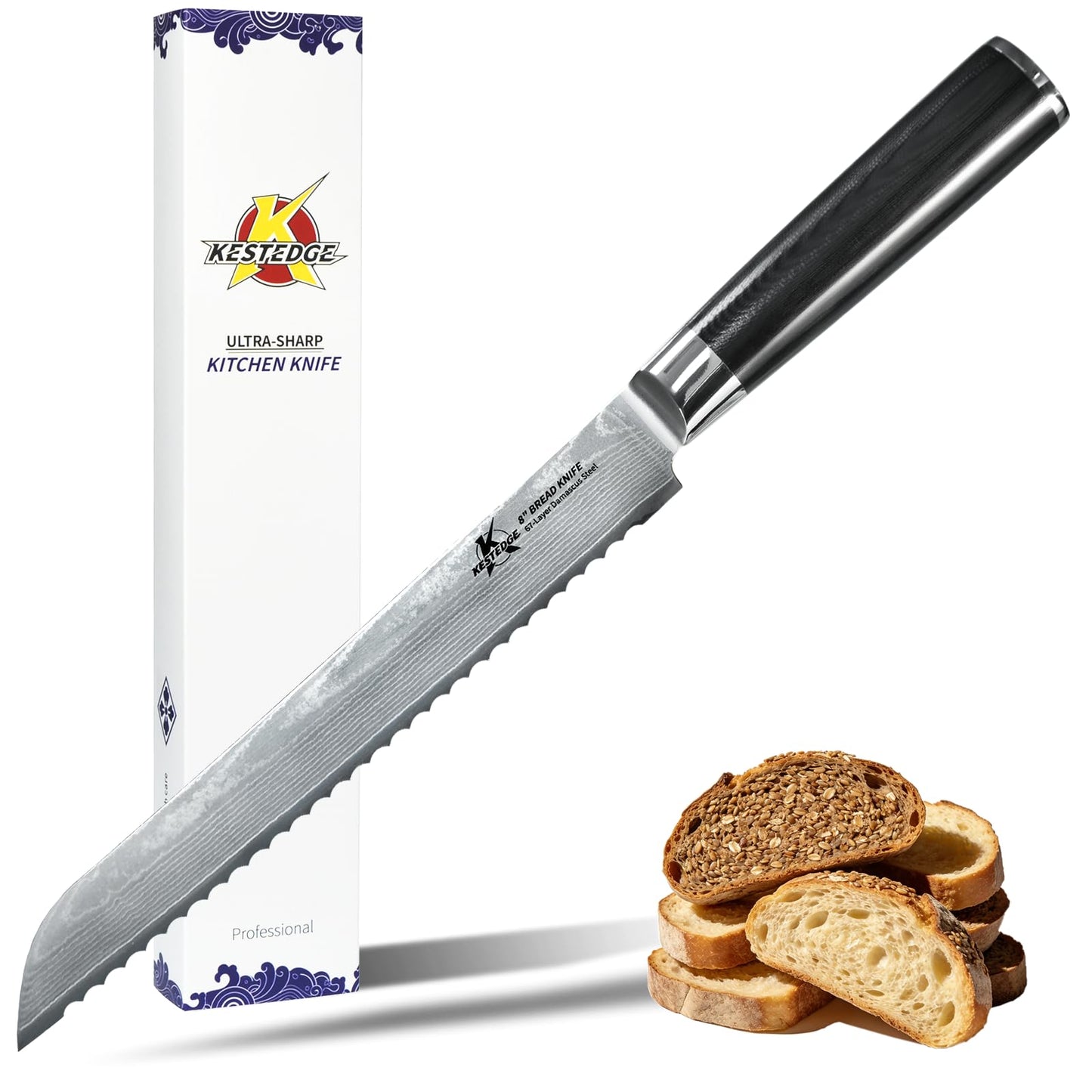 KESTEDGE 8-Inch Serrated Bread Knife - Damascus Japanese VG-10 High Carbon Steel - Professional Sourdough Knife for Homemade Bread, Cake & Artisan Loaves