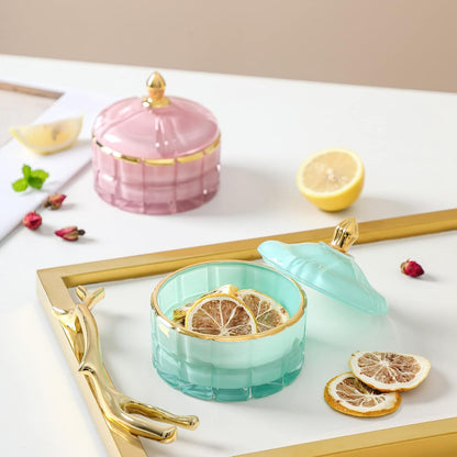 7 oz Pink Glass Jewelry Jar Cube - Facets Candy Storage Sugar Bowl with Lid for Kitchen Bath Gift Organizer