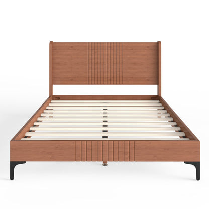 KEIKI Full Size Platform Bed with Bamboo-Made Structure, Mid-Century Style Bed Frame with Chic Headboard, Sustainable Bedframe Full for Bedroom, Easy Assembly, No Box Spring Needed, Natural
