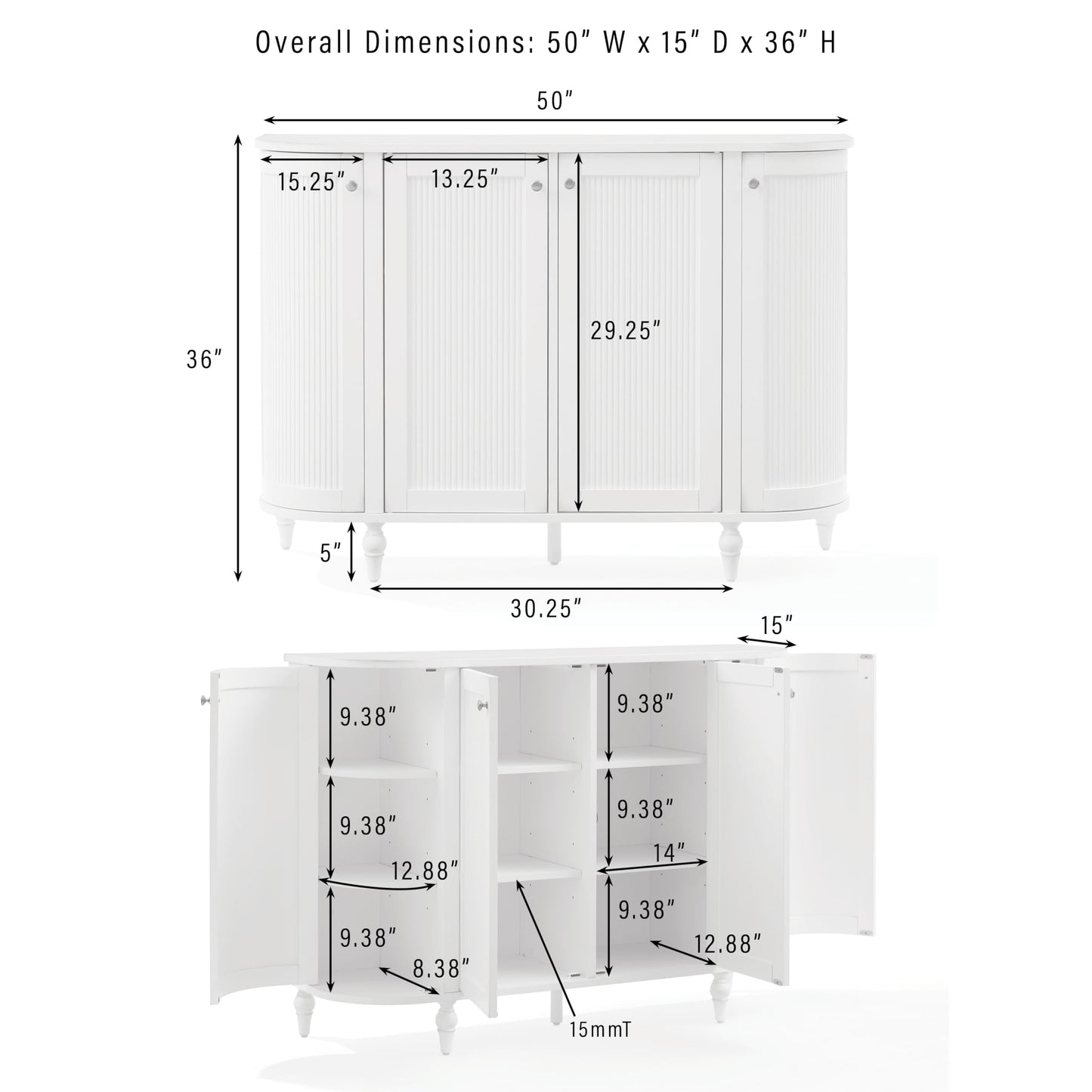 Crosley Furniture Monique Sideboard Traditional Buffet Cabinet with Storage Shelves, Fluted Doors, Distressed White