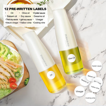 YARRAMATE 2Pcs Large Capacity Aesthetic Olive Oil Dispenser for Kitchen, 500ml /17oz Cooking Glass Vinegar Drizzler, Leak Proof Oil Bottle, Non-Drip Soy Sauce Dispenser, Oil Pourer&Labels(White&Black)