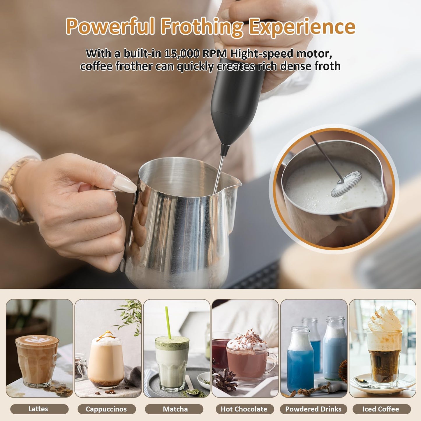 Rechargeable Milk Frother Handheld USB Type-C, Powerful Electric Foam Maker with Stand, Mini Drink Mixer for Coffee Latte, Cappuccino, Mocha, Macchiato, Frappe and Protein Powder
