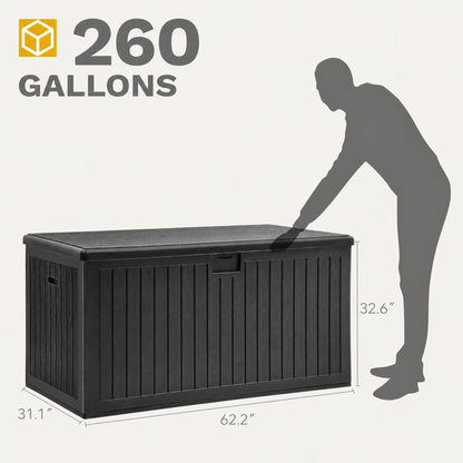 DWVO 260 Gallon Resin Outdoor Storage Box, XXL Double-Wall Waterproof Deck Box with Divider, Doubles as Table or Seating with 1000 lbs Capacity, Lockable (Black)