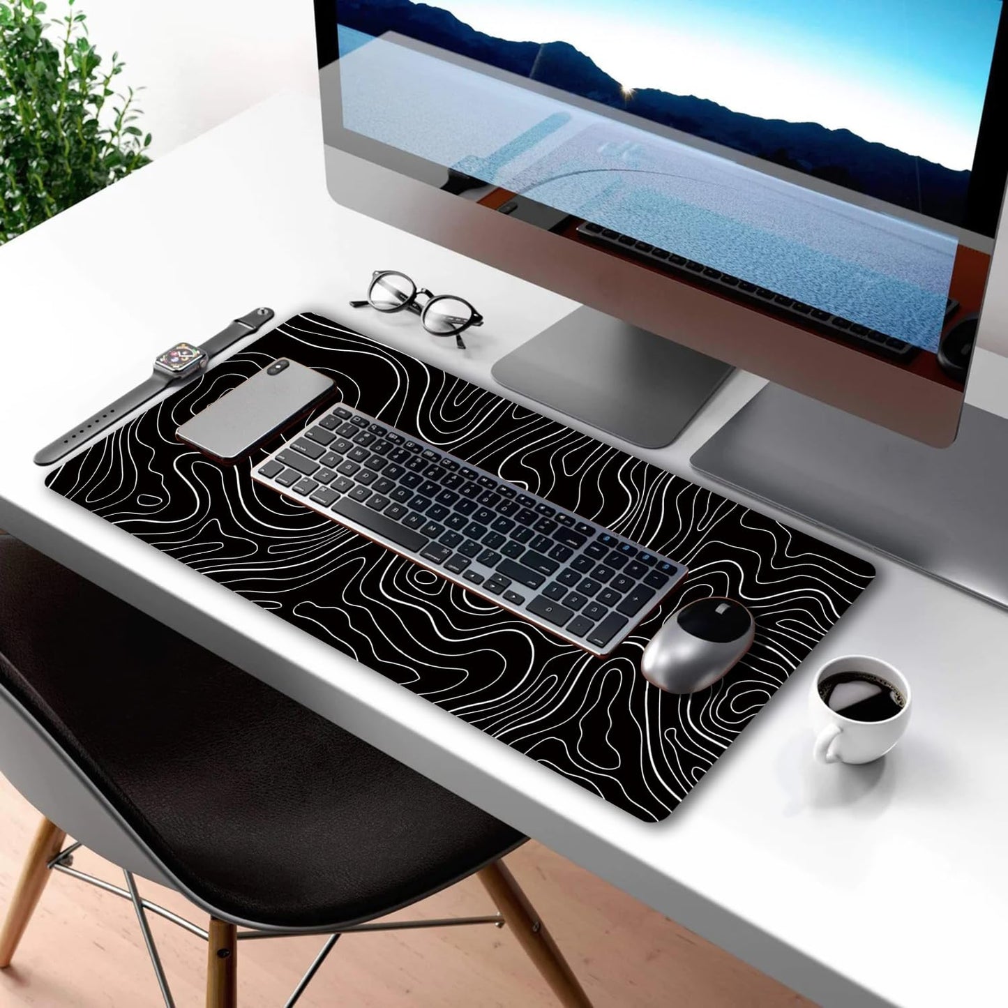 HGWALP Large Gaming TOPO Keyboard Mouse Pad Black Topographic Mouse Pad with Anti-Slip Rubber Base, Extended XXL Long Gaming Mousepad Big Mouse Pads for Desk,31.5 X 11.8 Inch