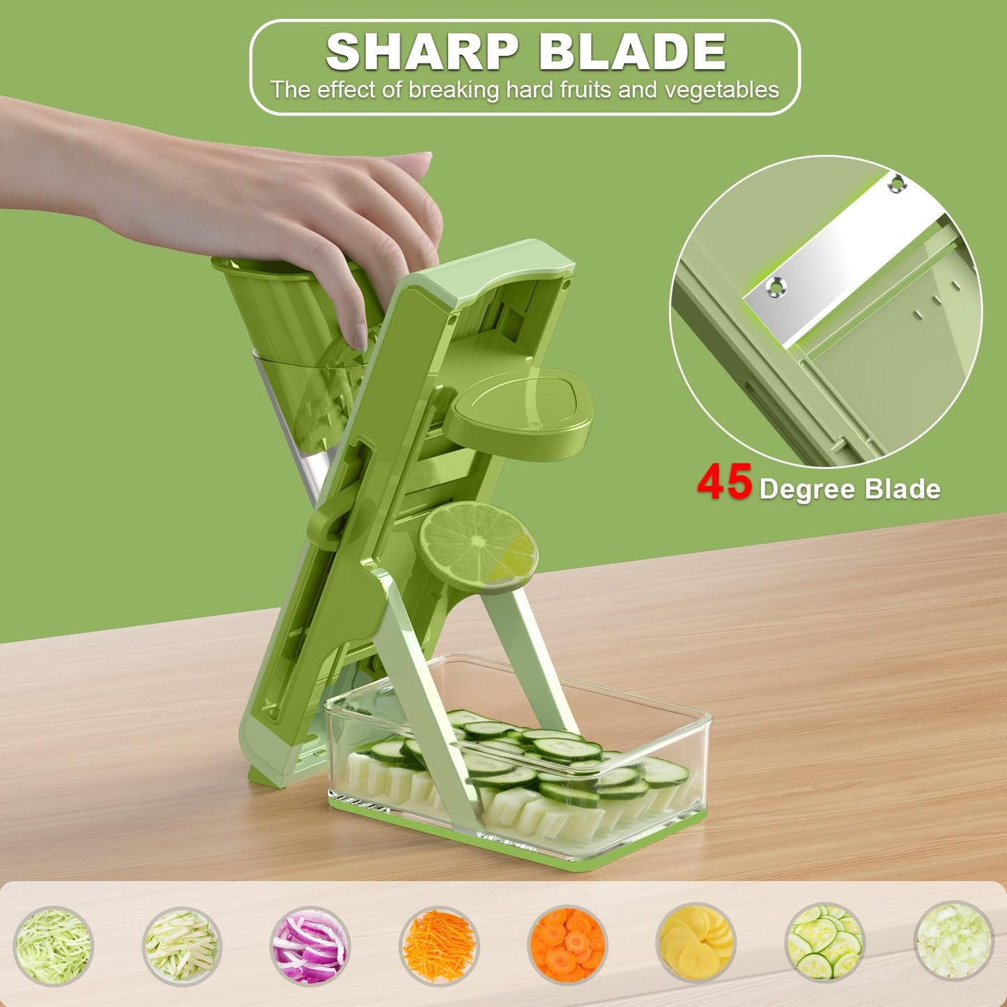 Eletronova Safe Mandoline Slicer for Kitchen, Multi Vegetable Chopper with Thickness Adjuster, Finger-Safe Food Holder, Potato/Onion/Cucumber Slicer for Fast Meal Prep, Easy Clean(Light Dark Green)