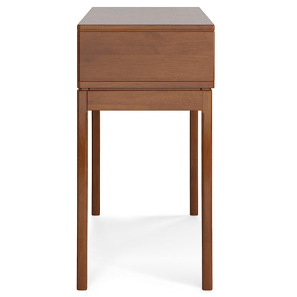 SIMPLIHOME Harper Console Table - 54 Inch Wide Solid Hardwood Sofa Table in Teak Brown, Mid-Century Modern Storage Table for Entryway or Living Room with 3 Drawers, Notched Handles, and Tapered Legs