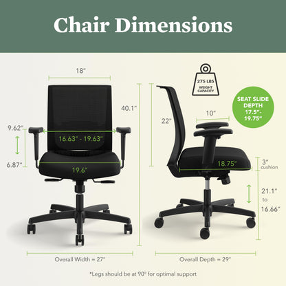 HON Convergence Ergonomic Office Chair with Mesh Back, Adjustable Arms, Lumbar Support, Synchro‑Tilt Desk Chair with Wheels for Home Office or Computer Use, Black Frame, Black