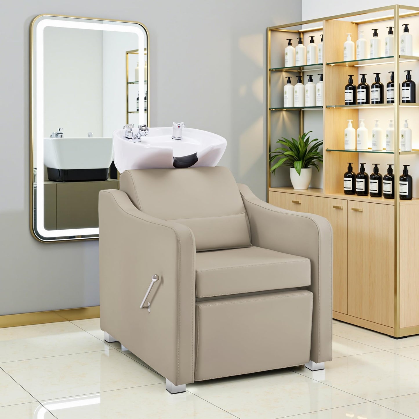 BarberPub Backwash Shampoo Station Chair, Adjustable Porcelain Ceramic Hair Wash Bowl with Chair, Shampoo Station for Barber Shop, Spa Beauty Salon Equipment 9364 (Creamy White)