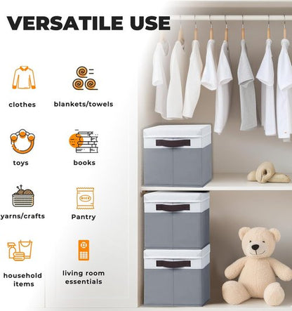 Large Closet Storage Baskets by [Brand Name] - Stackable Organizing Bins with Lids | 4-Pack for Nursery, Bedroom, and Home - 14x10x9.5