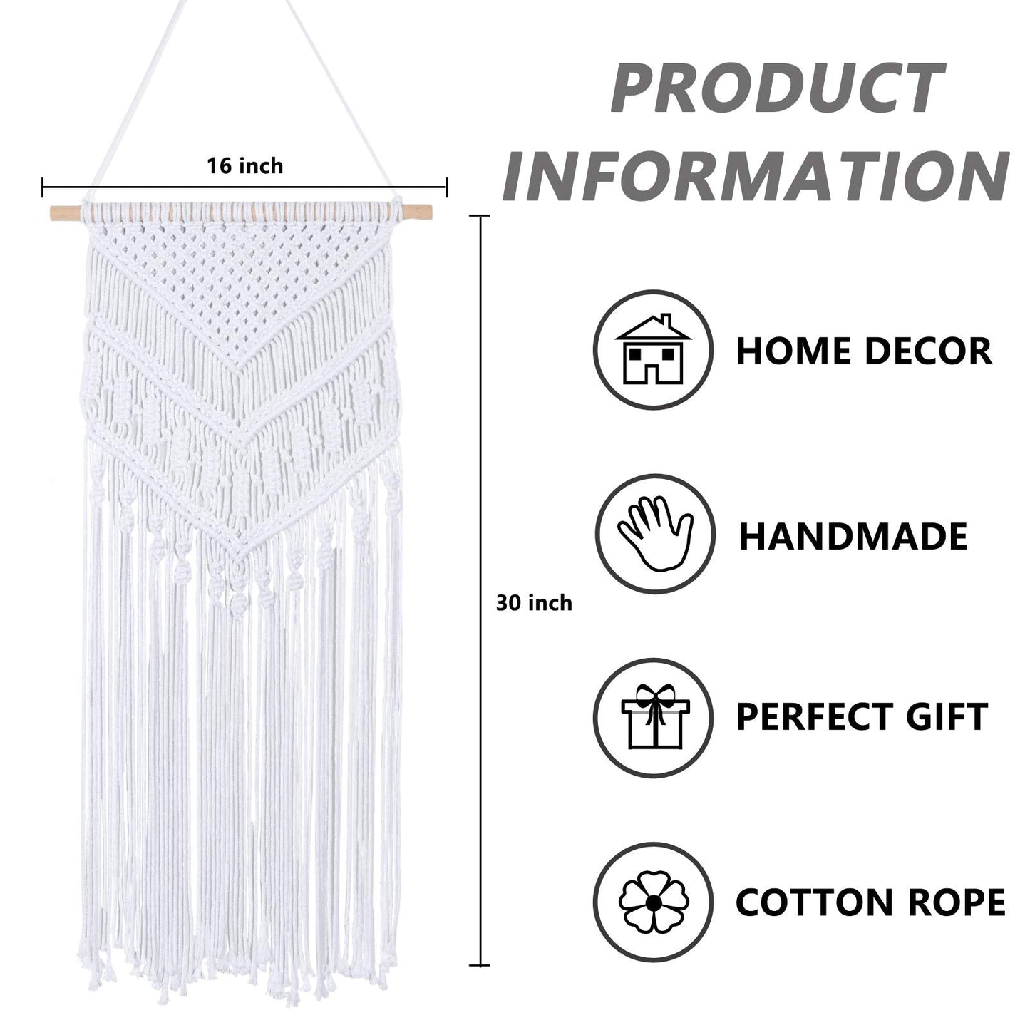 RLoncomix Macrame Wall Hanging Boho Art Hand Woven Geometric Tassel Chic Home Apartment Dorm Room Nursery Party Decoration, White, 16x30 Inches