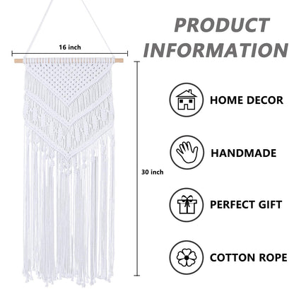RLoncomix Macrame Wall Hanging Boho Art Hand Woven Geometric Tassel Chic Home Apartment Dorm Room Nursery Party Decoration, White, 16x30 Inches