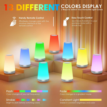 Auxmir LED Night Light Bedside Lamp Touch and Remote Control Dimmable Tabletop 13 RGB Colors Changing 5 Brightness Adjustable Rechargeable Portable Lamp for Baby Kids Nursery Bedroom Bathroom Camping