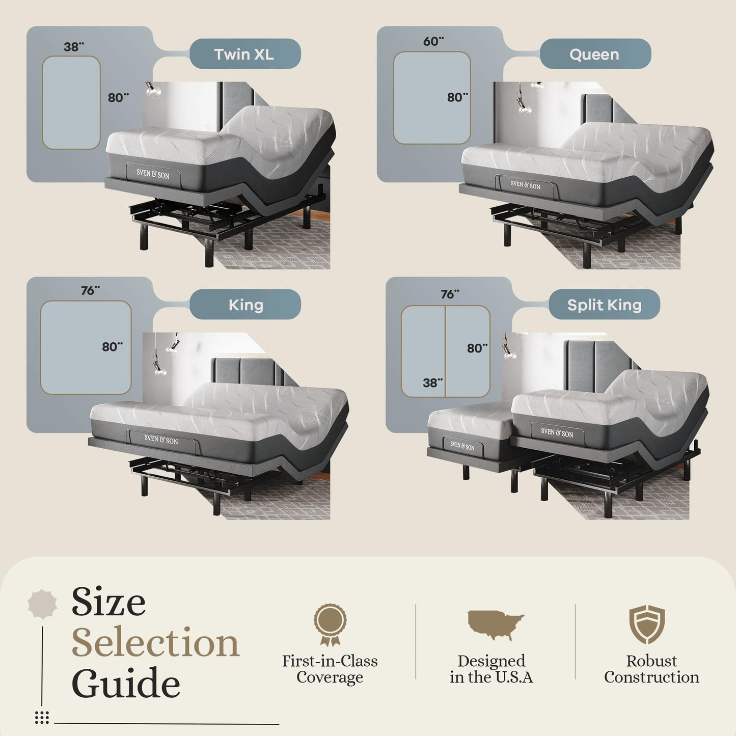 Sven & Son Classic Adjustable Bed Base, Head and Foot Lift, Massage, Under-Bed Lights, USB, Gel Memory, Zero Gravity Smart Frame - Twin XL + 12 inch Memory Foam Matt (Medium)