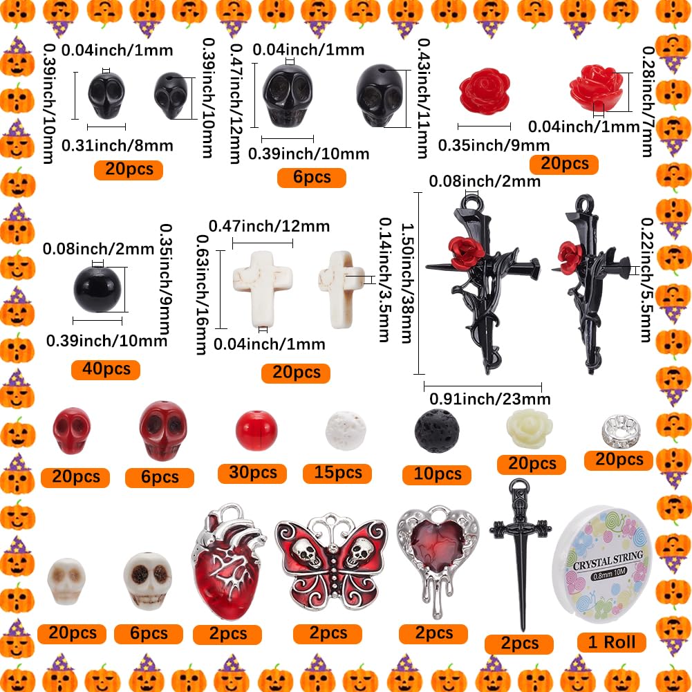 SUNNYCLUE 263Pcs Skull Beads Skeleton Beads Natural Lava Rock Cross Charms Black Red White Halloween Gothic Rose Flower Spacers for Jewelry Making Bracelets Necklaces DIY Crafts Gift Holiday Women