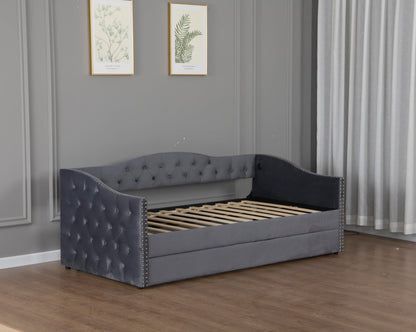 GDFStudio Twin Size Bed Frame with Trundle, Upholstered Twin Daybed with USB Charging Station, Diamond Tufted Velvet Sofa Bed, Wood Platform Twin Bed Frame with Solid Slat, No Box Spring Needed, Gray