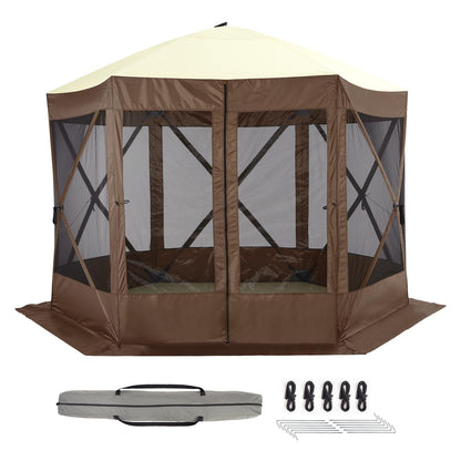 Pop Up Gazebo for Camping, 10x10ft Portable Outdoor Netting Canopy Shelter Tent, Folding Lightweight 6 Side Walls Screen House Tent with Storage Bag, Ground Stakes for Patio Backyard Party, Brown