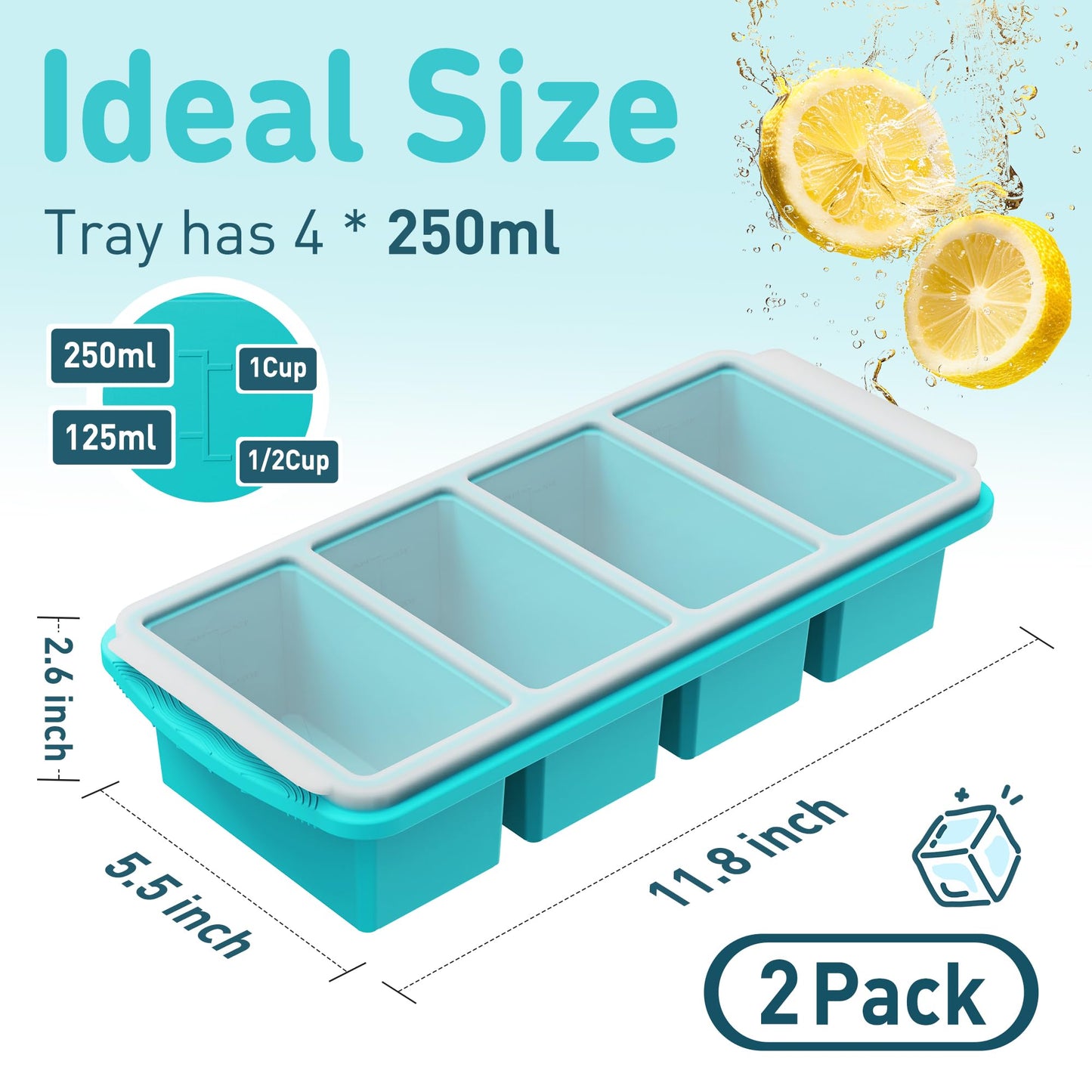 Silicone Freezer Tray With Lid Soup Freezer Container Molds with Steel Reinforced Rim Ice Cube Freezer Molds for Soup, Sauce, Leftovers, Homemade Meal Prep Containers Portion Control Food Storage