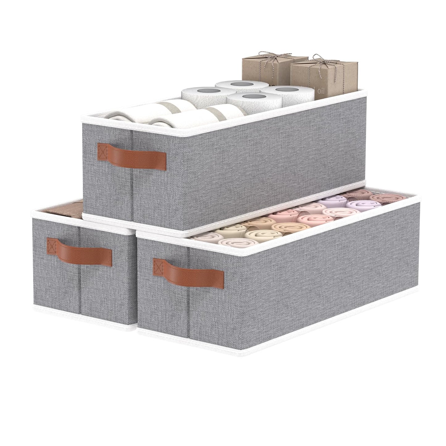 OUTBROS Storage Baskets, Foldable Bins for Shelves, Fabric Boxes With Handles, Wardrobe Organiser, For Bedrooms, Living Rooms, Grey, 15 x 6.1 x 5.1 inch, 3-Pack