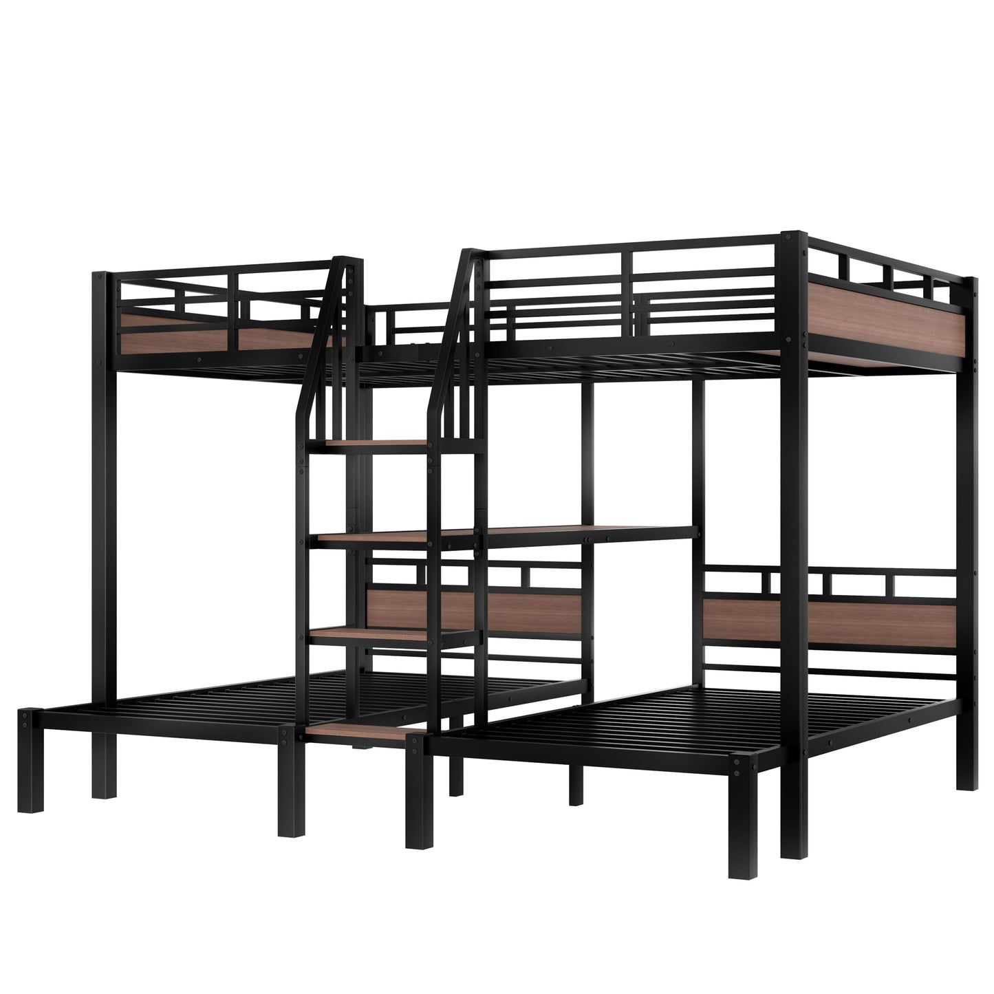 Bellemave Queen Over Twin & Twin Bunk Bed with Shelves, Metal Triple Bunk Beds with Safety Guardrails and Underbed Storage, Heavy-Duty 3 Bunk Beds for Kids, Teens, Adults, No Box Spring Needed, Black