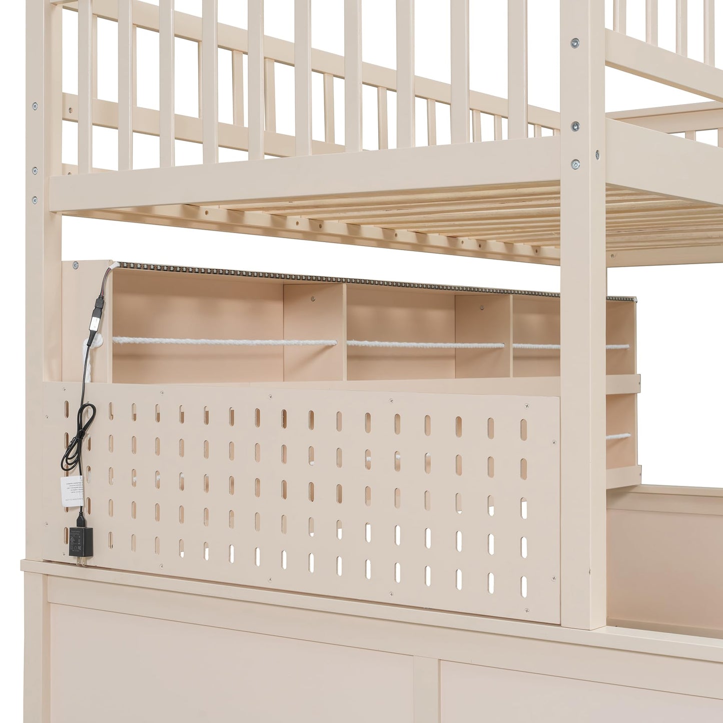 Merax Twin XL Over Queen Wood Bunk Bed Frame with Integrated Side Storage Shelves and Anti Falling Rope, Color-Changing Lights, Pegboard, Safe Guardrail and Ladder, for Teens, Adults, Guests (Beige)