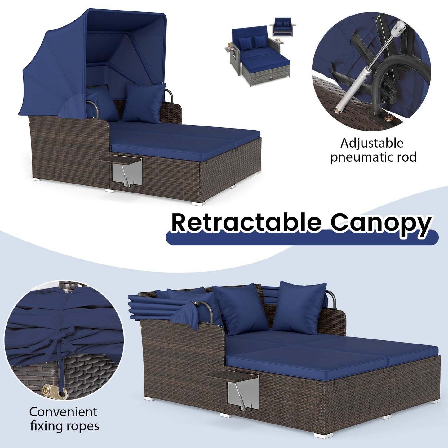 RELAX4LIFE Patio Outdoor Daybed with Canopy, Wicker Rattan Sunbed w/Cushions, 4 Pillows & 2 Retractable Side Trays, 2-Person Lounge Bed Conversation for Poolside Porch Garden (Mix Brown-Navy)