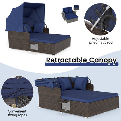 RELAX4LIFE Patio Outdoor Daybed with Canopy, Wicker Rattan Sunbed w/Cushions, 4 Pillows & 2 Retractable Side Trays, 2-Person Lounge Bed Conversation for Poolside Porch Garden (Mix Brown-Navy)