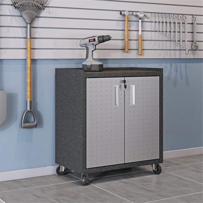 Manhattan Comfort Fortress 3-Piece Textured Garage Storage Set, Includes Mobile Metal Cabinet Chests and Worktable, Space-Saving Design, 25 Gauge Metal, Lockable Wheels, 1.0 Series, Grey