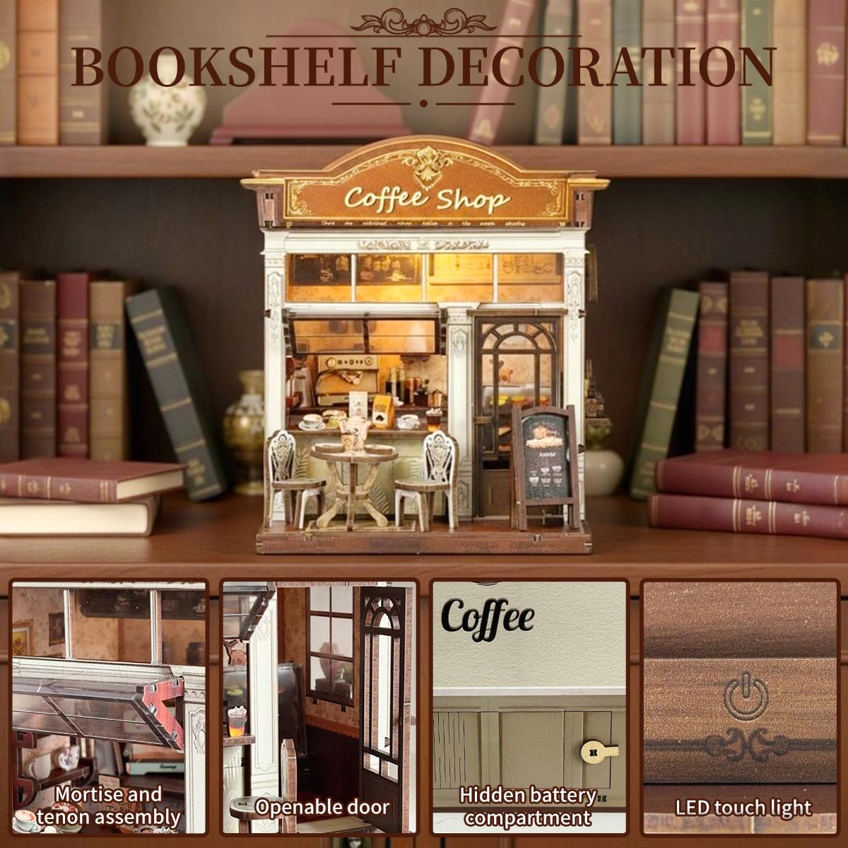 HYXBXSS Book Nook Kit, DIY Miniature House Dollhouse Kit for Adults and Teens, Booknook Tiny House Bookshelf Decor with LED, Coffee Shop Building Kit 3D Wooden Puzzles, Gifts for Family and Friends