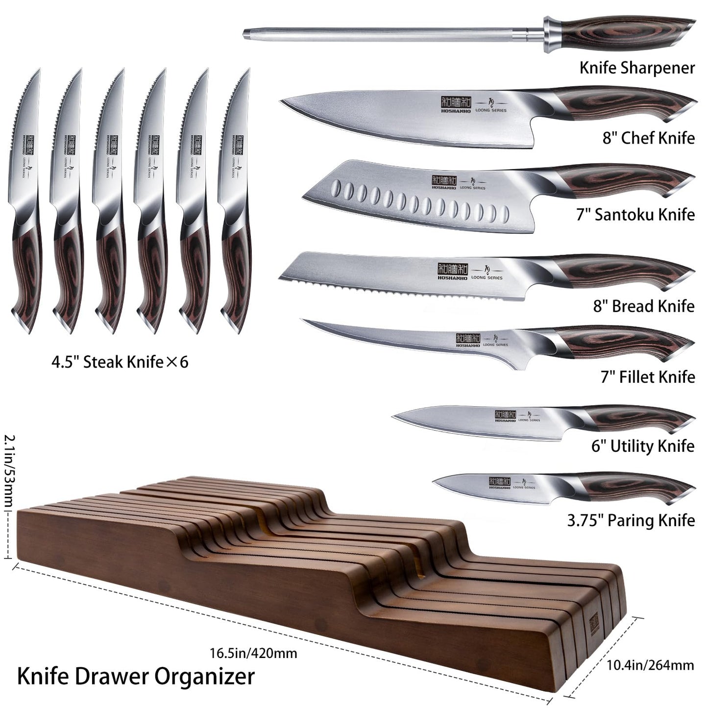 HOSHANHO Kitchen Knife Set with Block, 14-Piece Professional Ultra Sharp Knife Block Set in Knife Drawer Organizer, Japanese High Carbon Stainless Steel Chef Knives Set with Sharpener