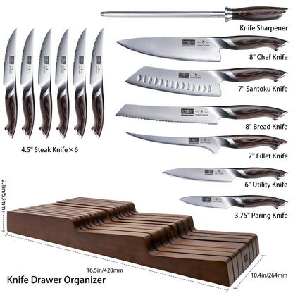 HOSHANHO Kitchen Knife Set with Block, 14-Piece Professional Ultra Sharp Knife Block Set in Knife Drawer Organizer, Japanese High Carbon Stainless Steel Chef Knives Set with Sharpener