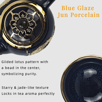 CKHNX Jun Porcelain Gold-Inlaid Tea Set, Zen Style, Includes Teapot and 6 Cups, Premium Gift Box, for Business, Festivals and Birthdays