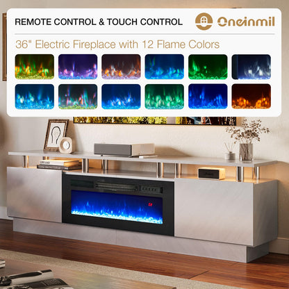 oneinmil Fireplace TV Stand with 36” Electric Fireplace, 2 Tier TV Console Stand for TVs Up to 90"", LED Light Entertainment Center, Fireplace for The Living Room TV Stand, Black, 80''