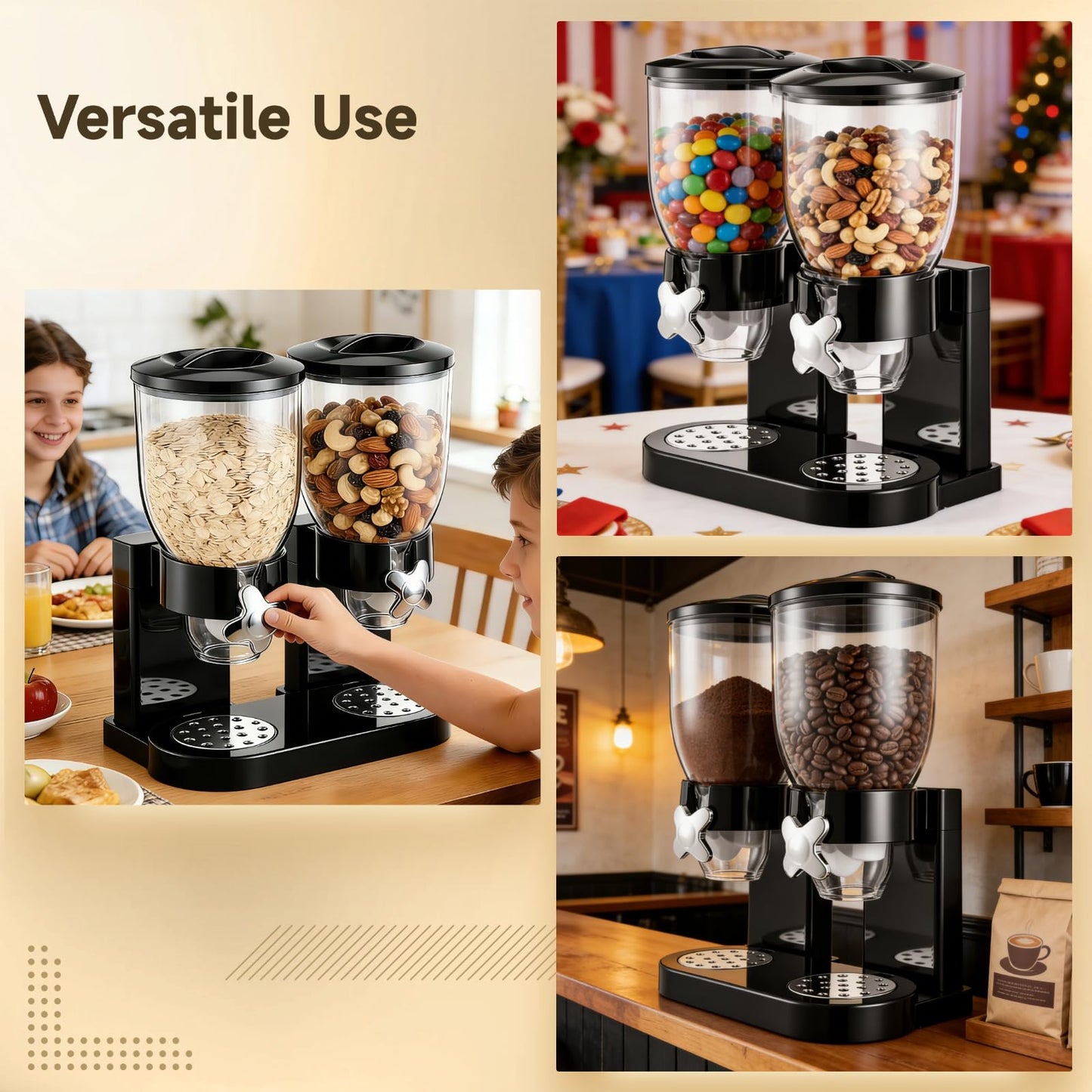 Dual-Control Dry Food Dispenser, 2 Pack 2L/67oz Cereal Dispenser Countertop, Cereal Containers Storage Airtight, Rotating Black Plastic Dry Food Dispenser, Candy Dispenser for Cereal, Coffee Beans