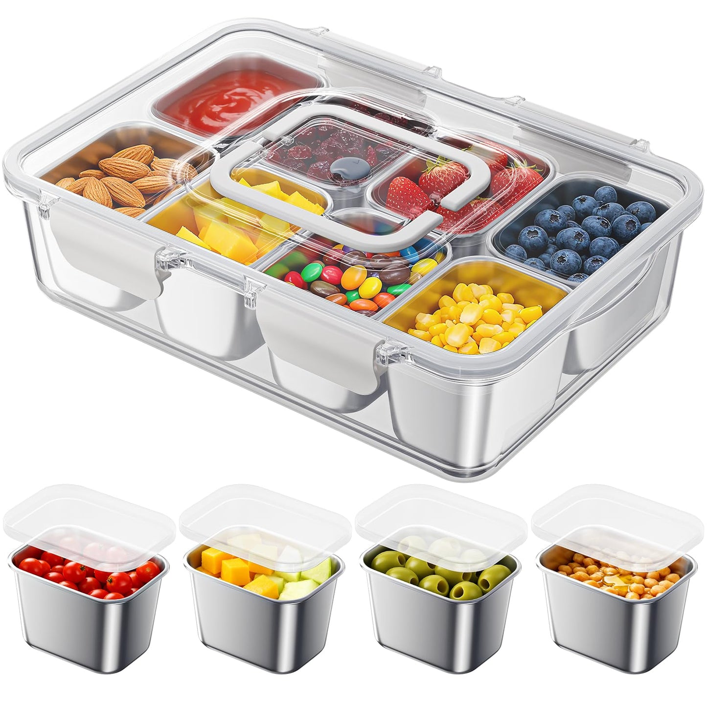 Osfel Snackle Box Container with 8 Removable Stainless Steel Compartments Divided Serving Tray with Portable Handle for Beach, Road Trip, Picnic, Boat Days, Ball Games, Pool and Parties