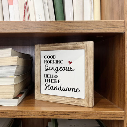 Farmhouse Table Decor, Funny Wood Sign, Decorative Wooden Signs and Plaques, Bathroom Decor, Rustic Home Decors, Good Morning Gorgeous Hello There Handsome Sign 5.9×5.9×0.7inches