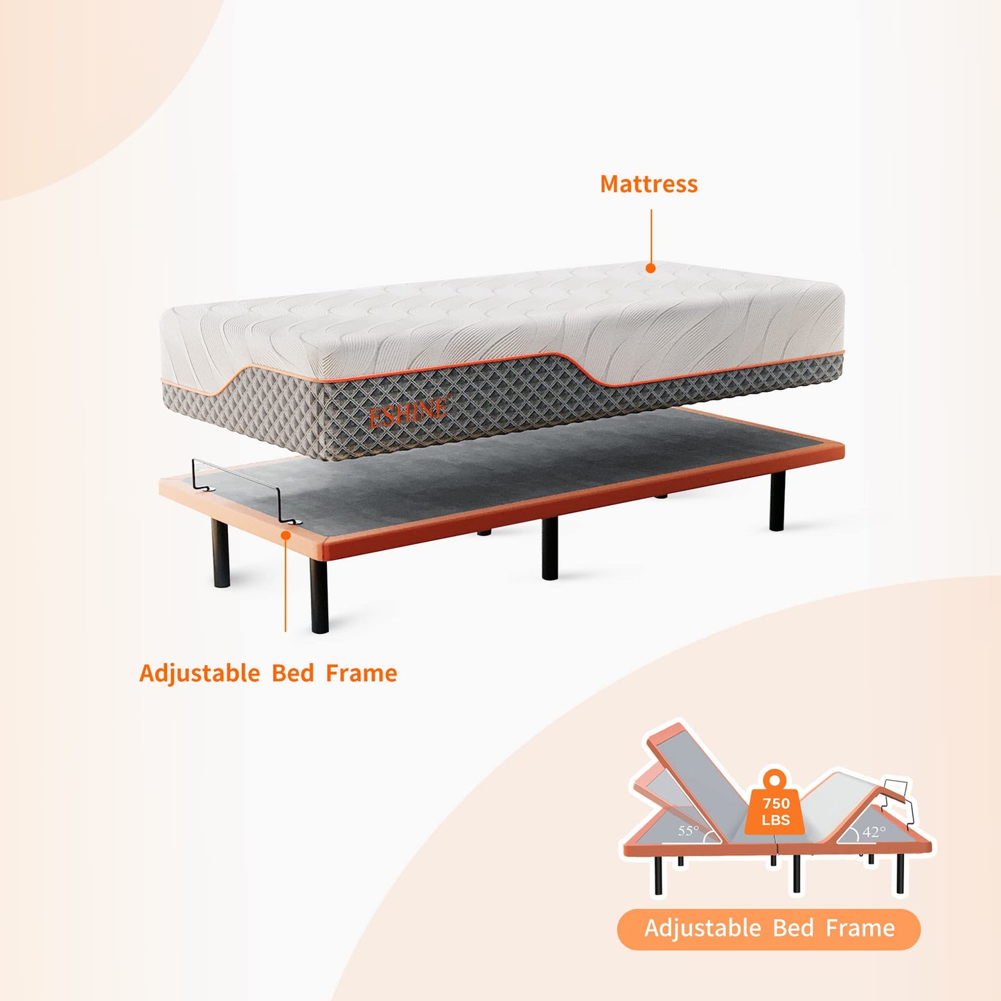 ESHINE Adjustable Bed Frame with 12" Hybrid Mattress with Luxury Gel Memory Foam(Medium), Split King Upholstered Bed Frames with Massage, Wireless Remote, USB, Under Bed Night Light, Head/Foot Incline