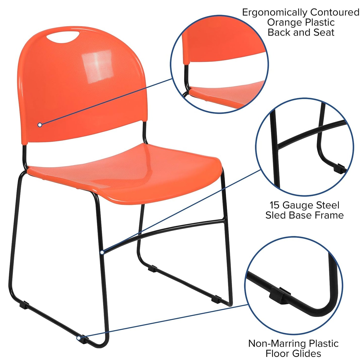 Flash Furniture HERCULES Series 5 Pack 880 lb. Capacity Orange Ultra-Compact Stack Chair with Black Powder Coated Frame