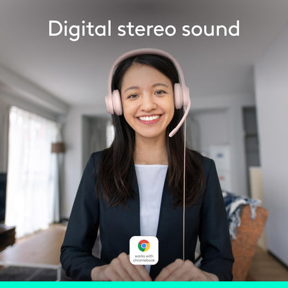 Logitech H390 Wired Headset for PC/Laptop, Stereo Headphones with Noise Cancelling Microphone, USB-A, in-Line Controls, Works with Chromebook - Rose