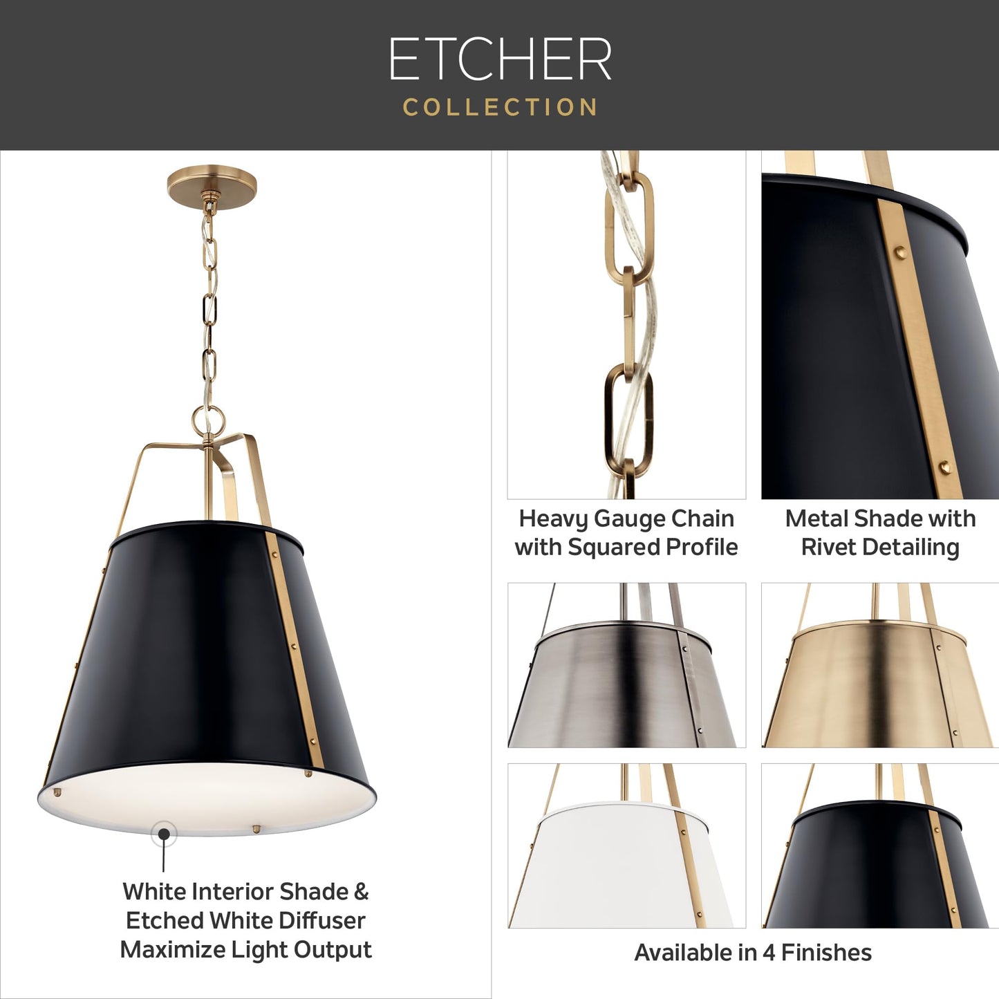 Kichler Etcher 2-Light Pendant Light Fixture, Kitchen Island Hanging Light with Etched Painted White Glass Diffuser in Black and Champagne Bronze (22.5" x 18"), 52711BK