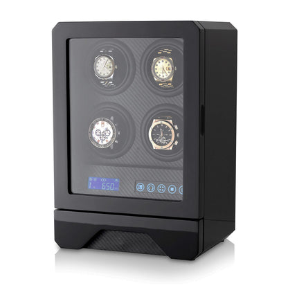 Automatic Watch Winder for 4 Watches with LED Light, LCD Display, Remote Control and Storage Drawer (Black)