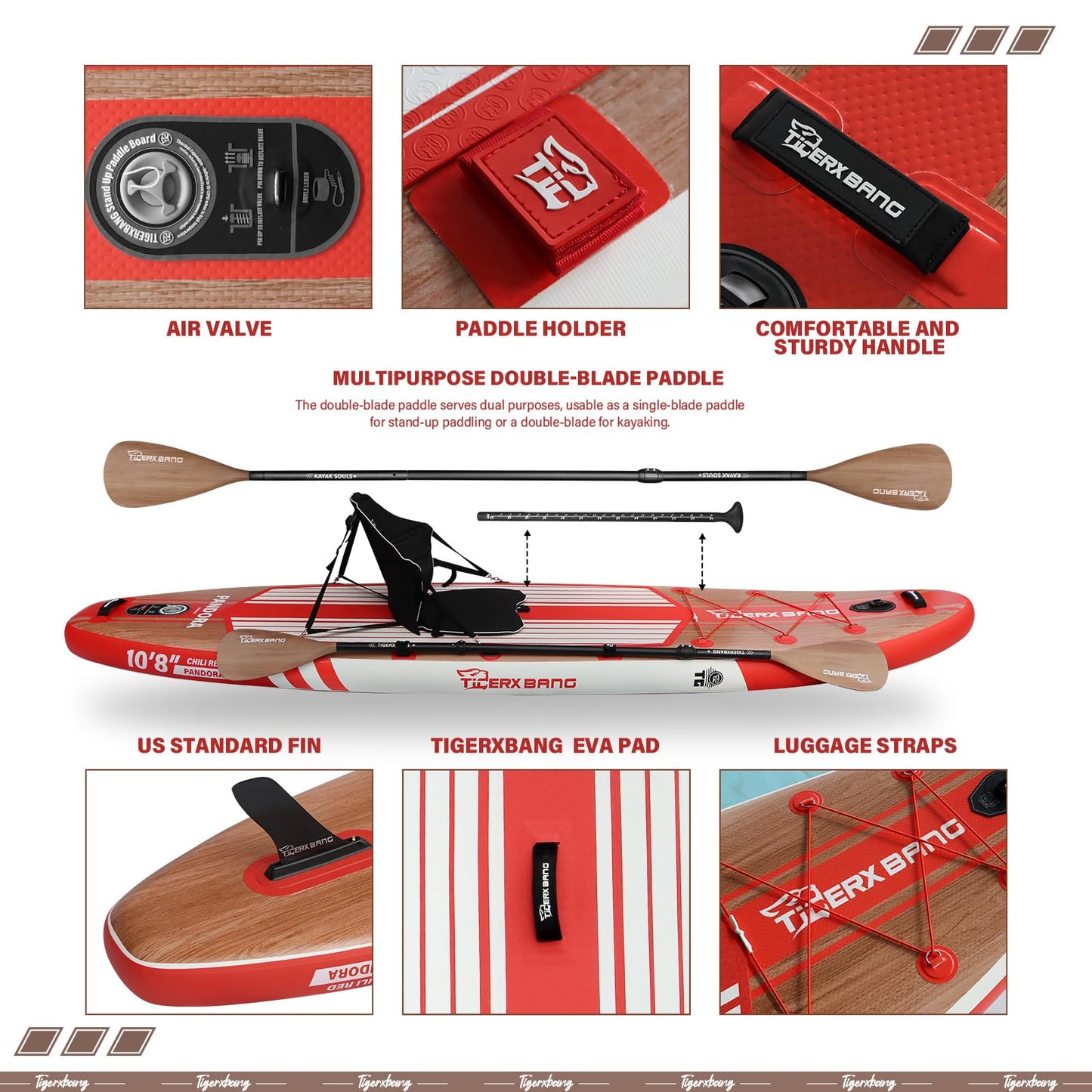 TIGERXBANG Paddle Board, 10.8' Stand Up Paddle Board with Premium Complete Inflatable SUP Accessories, Extra Wide Paddleboards for Adults & Kids-Pandora Collection Chili Red