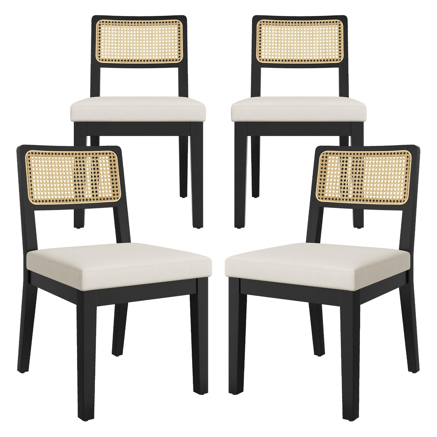 Garvee Rattan Dining Chairs Set of 4, French Country Upholstered Dining Chairs Wood Frame, Rattan Backrest, Armless Chair for Kitchen Restaurant Dining Room Bedroom, Linen, Black