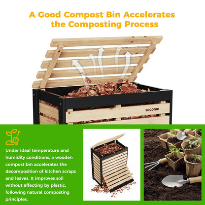 SOCOME 95 Gallon Solid Wood Composter, Outdoor Compost Bin with Pull-Out Door, Large Composting Bin for Backyard, Garden, Patio, Natural