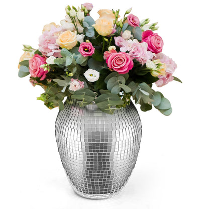 SOUJOY Disco Vase, Silver Mosaic Mirror Vase for Centerpiece, Handmade Glass Bud Vase for Wedding Flower Arrangeme, Living Room, Kitchen, Home Decor