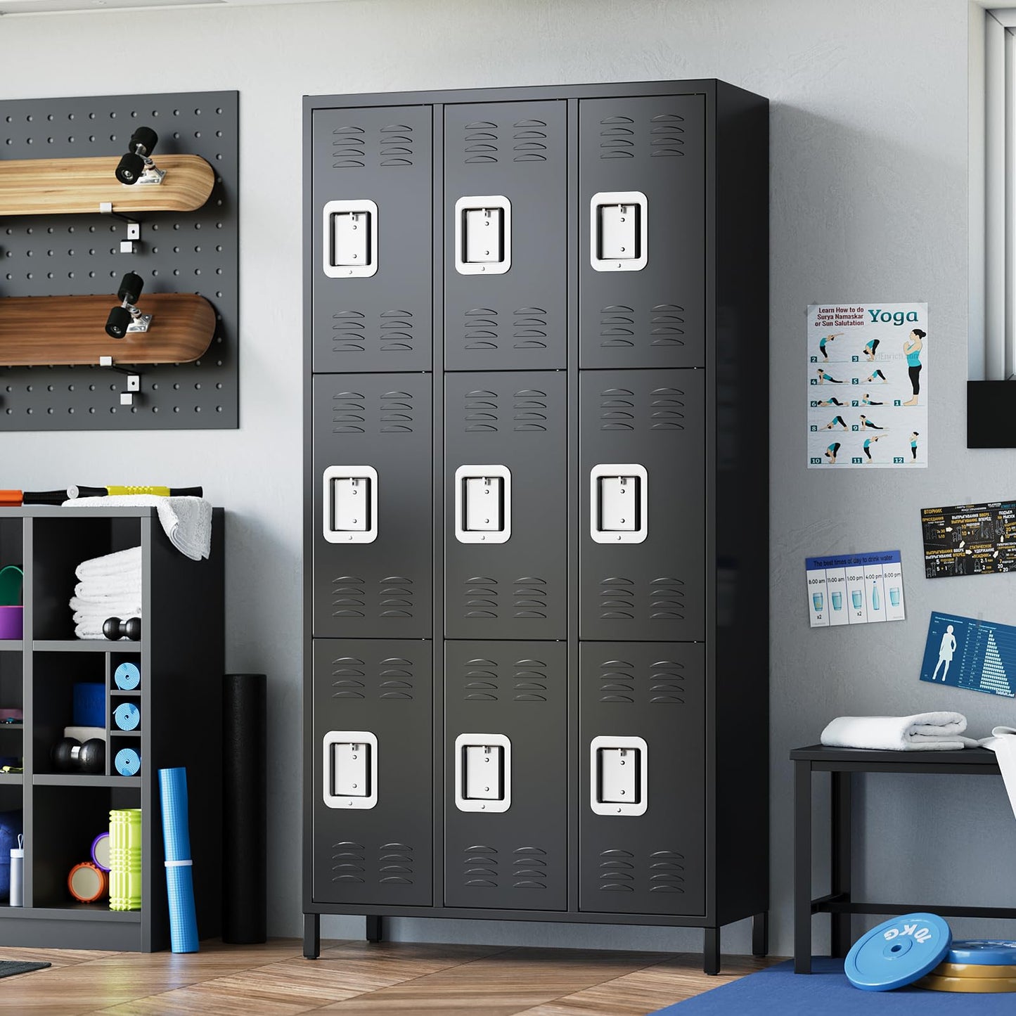PhoenixCrest Metal Locker with 3 Doors & 9 Hooks, Heavy Duty Steel Storage Locker for Gym, Home, Office, School, Ventilated Design with Privacy Vents, Easy Assembly, Black