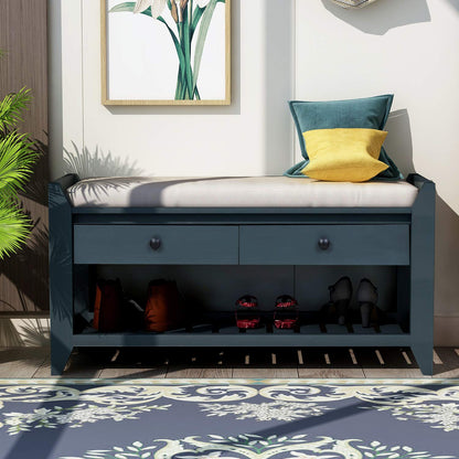 Acosure 42″ Storage Bench with 2 Drawers and 2 Cabinets，Multipurpose Entryway Shoe Rack W/Removable Cushion，for Living Room Hallway Porch,White