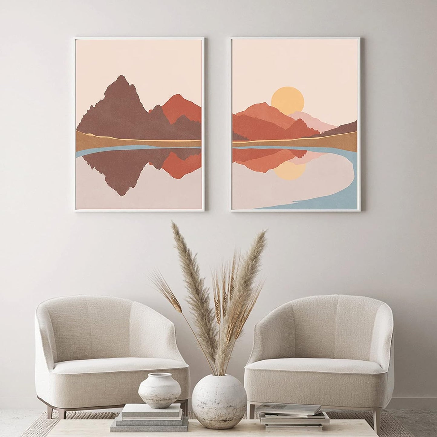 Bankrenart Nature Landscape Wall Art Prints, Mid Century Boho Mountain Sun Lake Wall Art, Modern Canvas Prints