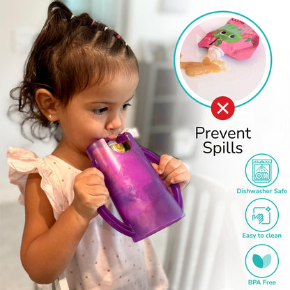 Flipping Holder 2-in-1 Baby Food Pouch & Juice Box Holder (2-pack) - No-Squeeze, Food-Safe Container with easy-grab Handles & Lid Fits GoGo, Capri Sun, Juice, Yogurt, & More
