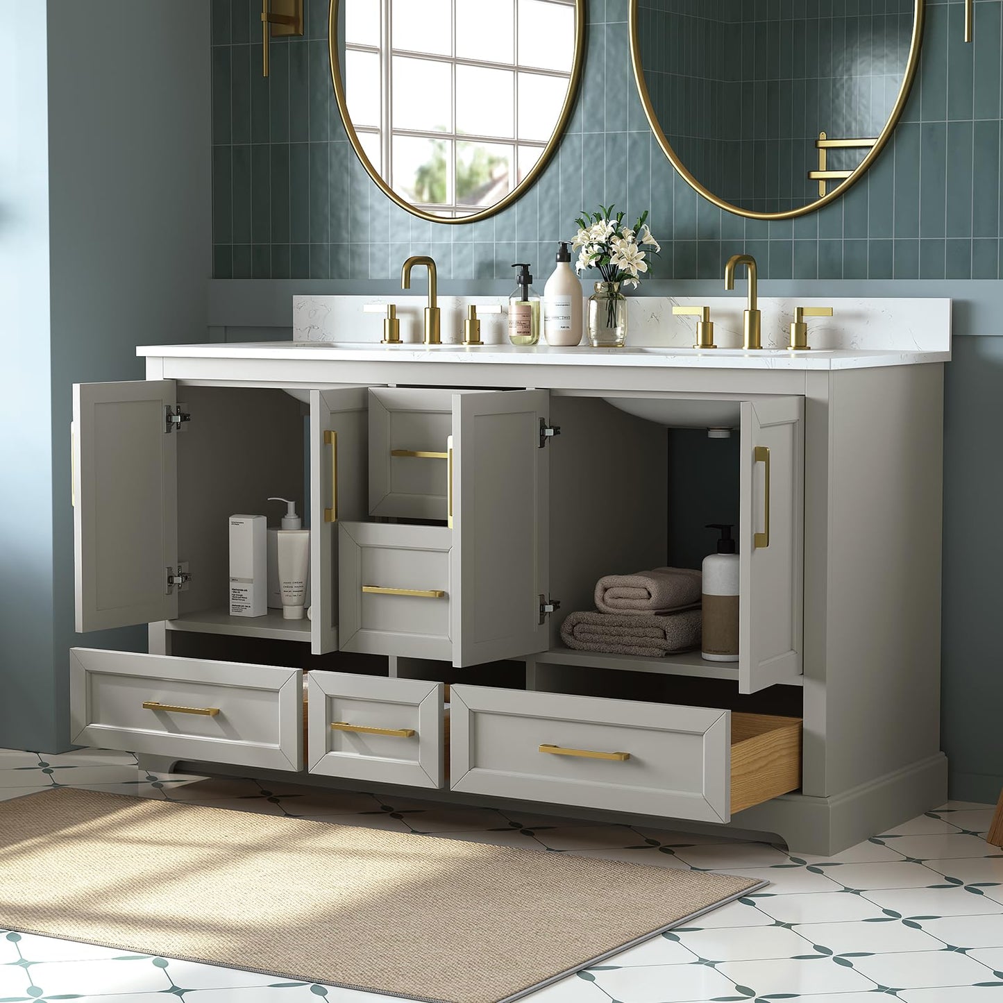 DELUXE LIVING 60 Inch Bathroom Vanity with Double Sink Combo, Solid Wood Frame with Mable Top &Backspalsh, Fully-Assembled with Soft-Closing Doors & 5 Drawers, Greige