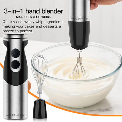MegaWise Hand Blender, Immersion Blender Handheld 12-Speed with 80% Sharper Blades, Titanium Reinforced Stainless Steel 3-in-1 Immersion Blender,Includes Whisk and Milk Frother (3-in 1 Black)